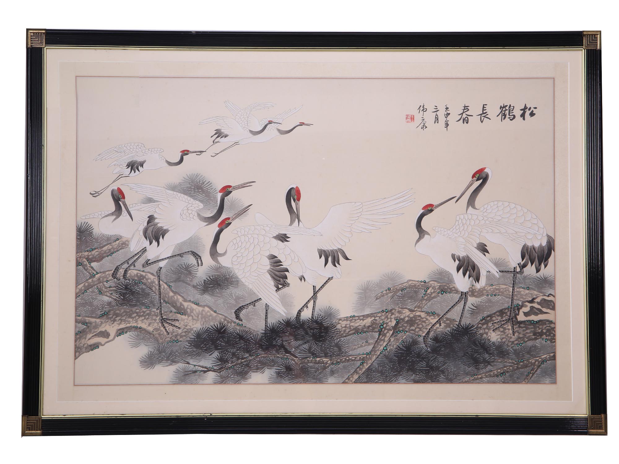 A VINTAGE CHINESE PAINTING CRANE BIRDS LONGEVITY PIC-0